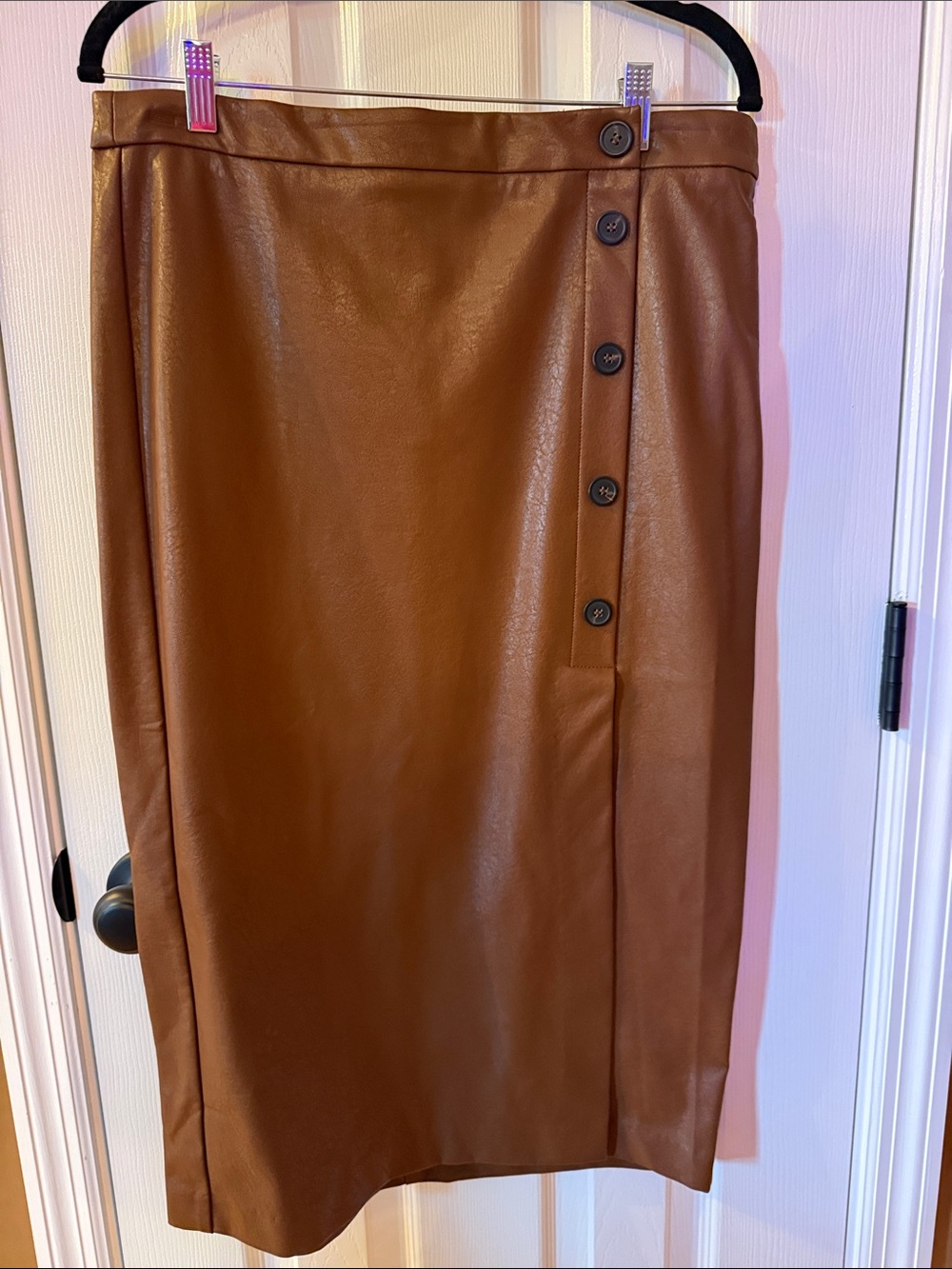 Sweet Journey Faux Leather Brown Button-Detail Pencil Skirt